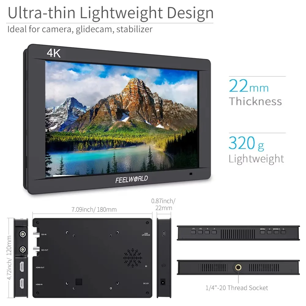 Feelworld FW703 7 Inch 3G-SDI 4K HDMI-compatible Monitor 7" IPS 1920x1200 Full HD Field Monitor Histogram Peaking Focus Zebra