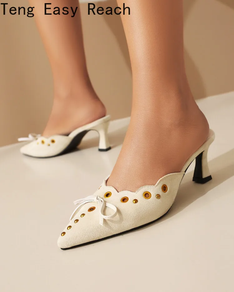 Sexy Women 7cm Small Thin Heel Women Sandals Slipper Shoes Pointed Toe Faux Leather Hollow Slip on Suede Big Size 48