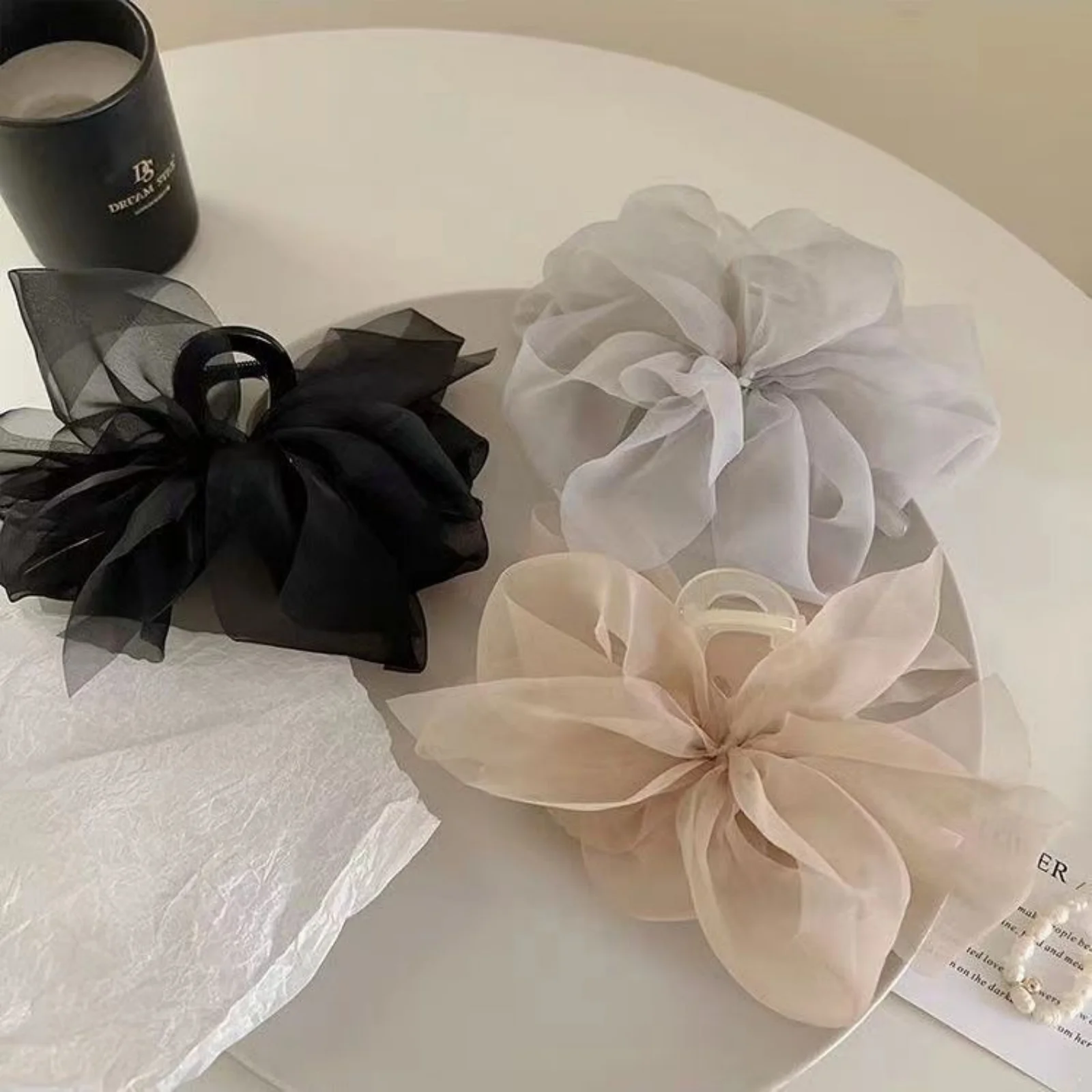 1PCFashion Mesh Tulle Large Bow Grab Clip Elegant Retro Female Net Yarn Ponytail Braid Claw Clip Hair Accessories Gift Headdress