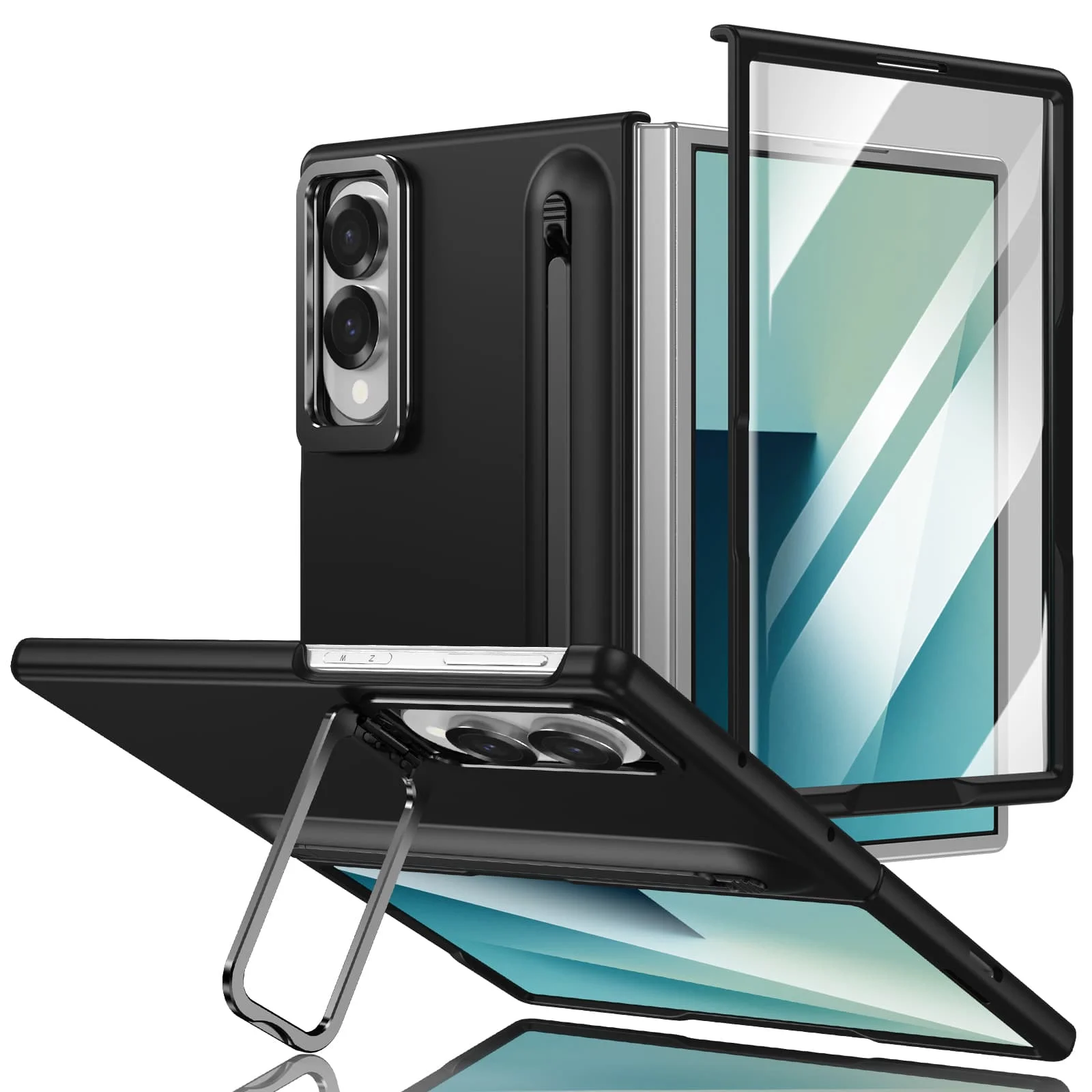 All-In-One Hinge Protection Phone Case with Stylus and Tempered Film Kickstand Cover