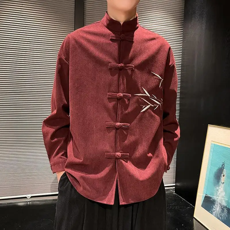 Chinese Style Stand Collar Hand Buttoned Bamboo Embroidered Long Sleeved Tang Suit Top Shirt Men's Autumn Casual Jacket