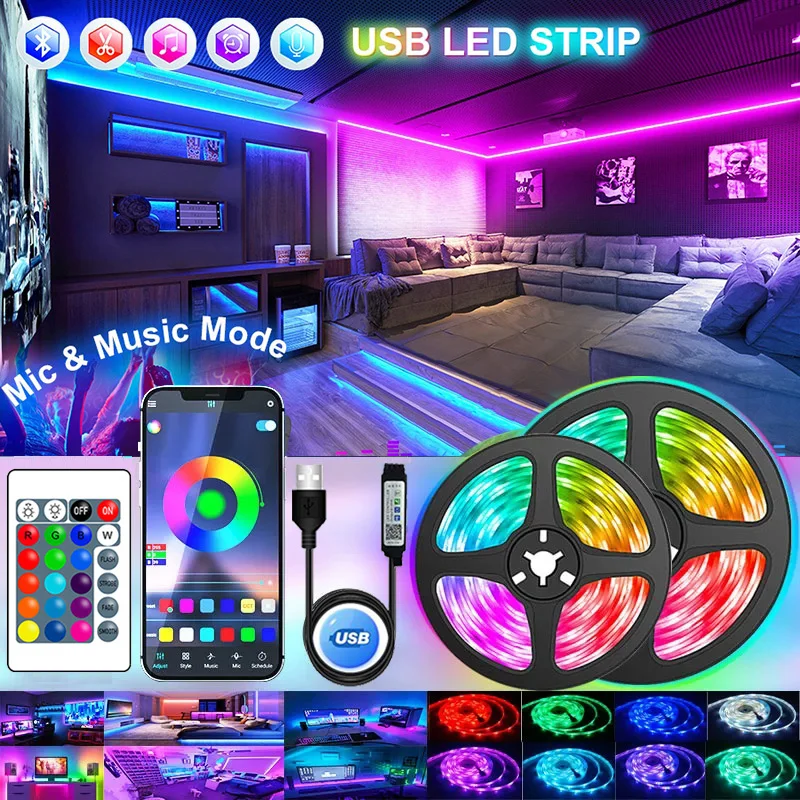 와이파이 USB LED 스트립 조명, RGB 5050 블루투스 앱 제어, 유연한 다이오드 램프, 방 장식용 리본, 1-30M