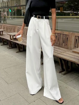 FSMG New Solid Color Loose Wide Leg Long Pants Women Leisure High Waist Office Straight Leg Pants Temperament Casual Trousers