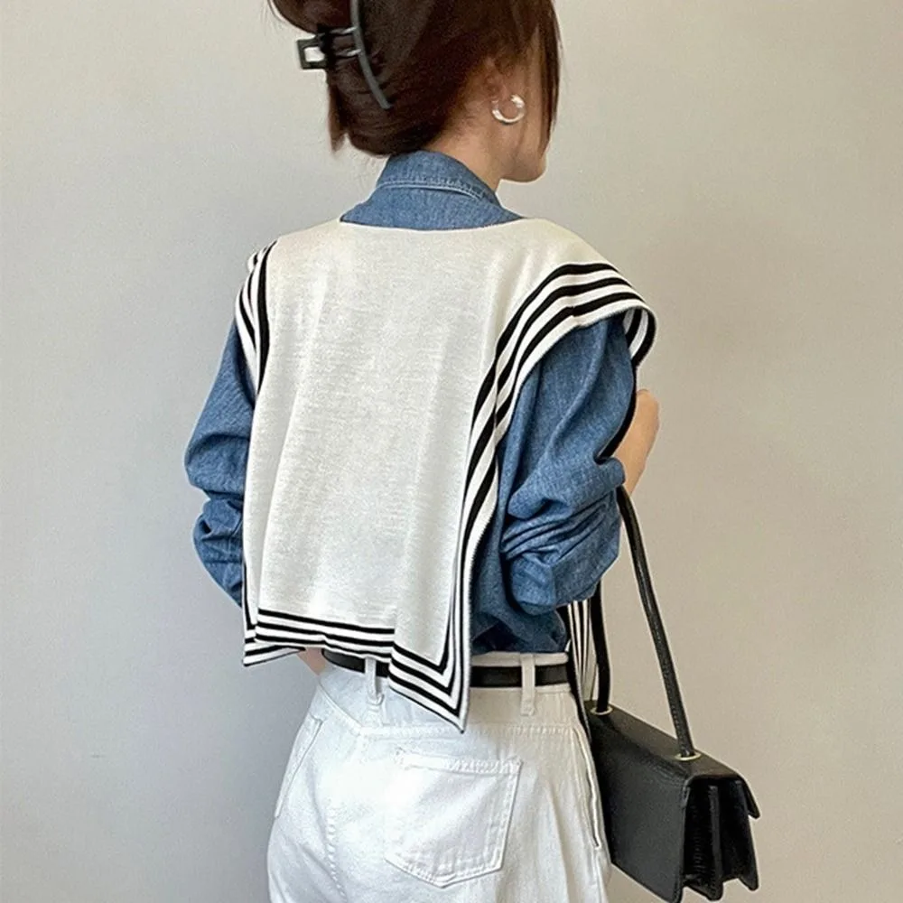 

Solid Color Knitted Shawl Sunscreen Blouse Shoulders Fake Collar Wool Scarves Wraps Cape Black White Stripe Scarf Female