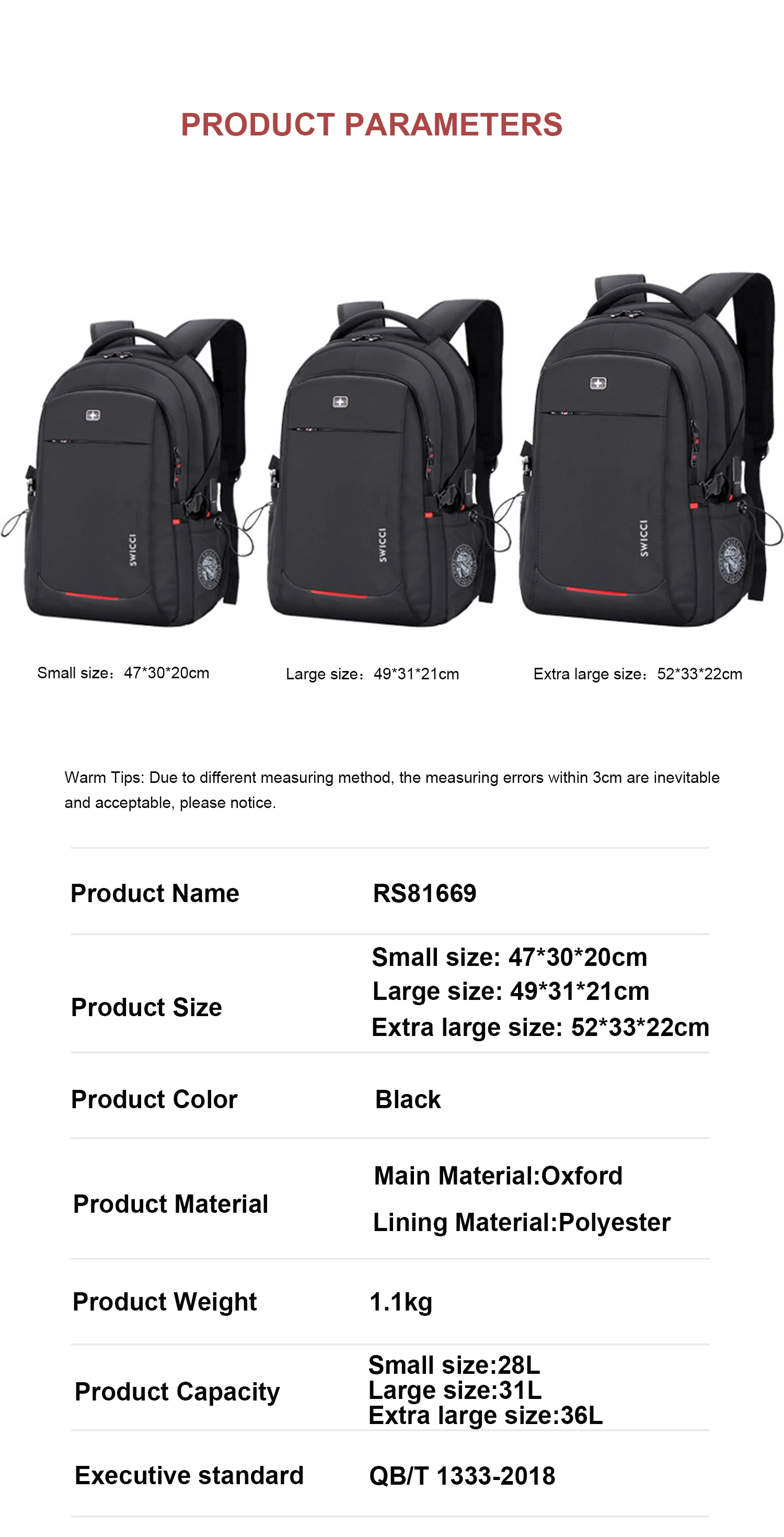 SWICCI 15.6" inch Laptop Backpack With USB Charging Port