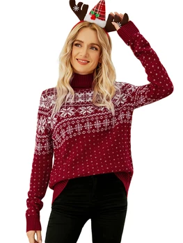 Women s Christmas Snowflake Knitted Sweater Long Sleeve High-neck Print Christmas Pullover Knitwear 1