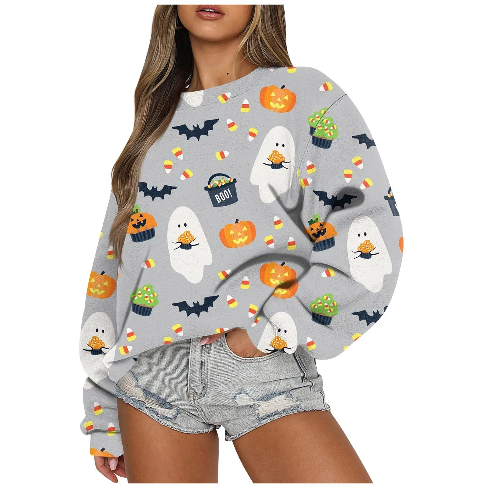 

Women'S O-Neck Long Sleeve Sweatshirt Halloween Letter Print Pattern Casual Plus Size Basic Tops Sports Pullover Sudaderas New