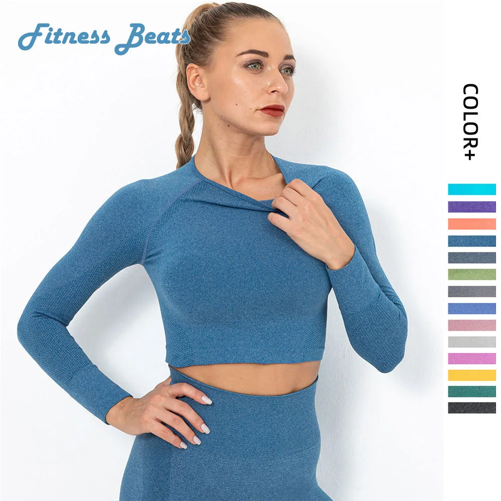 

Seamless Knitting Sexy Long Sleeves Yoga Top Cropped Sports Running Fitness Breathable Gym Workout Training T-shirt Woman