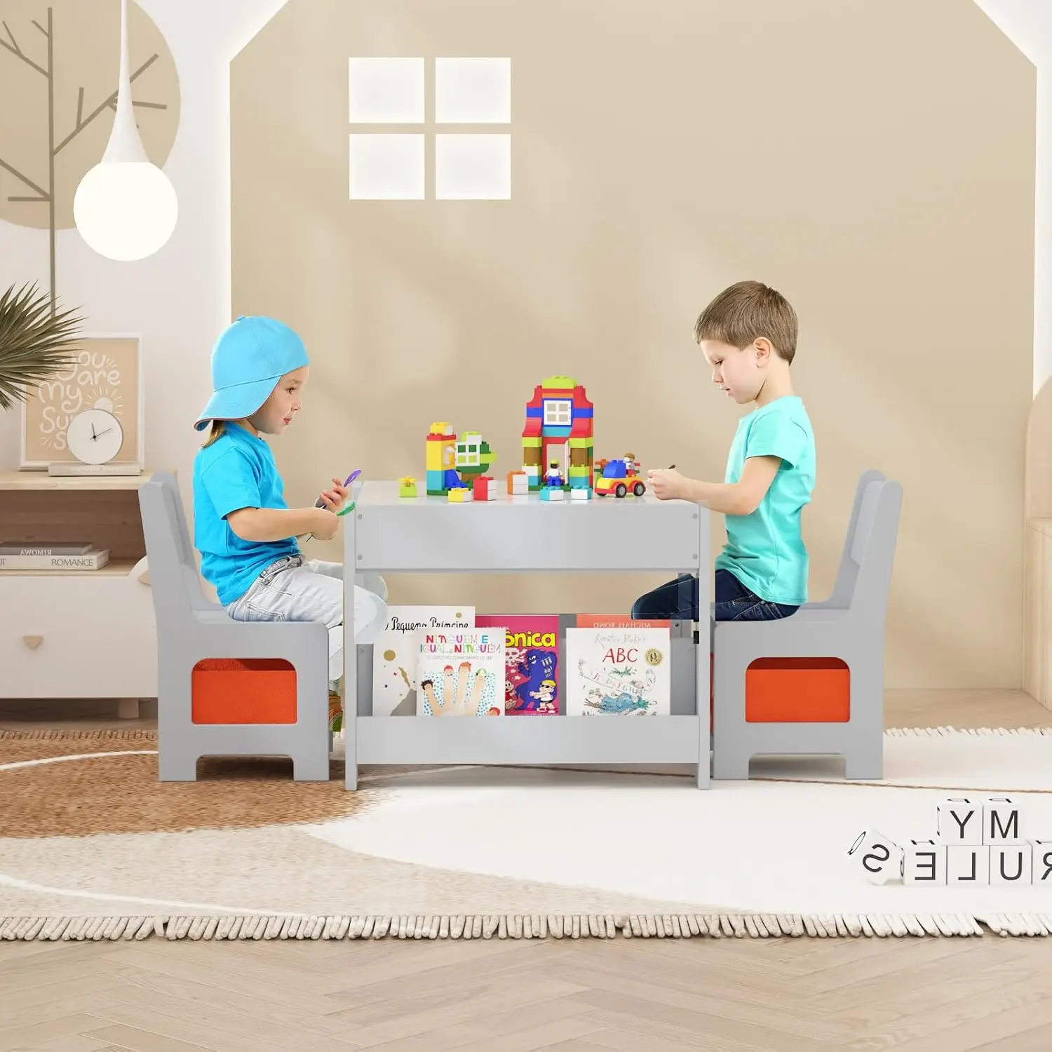 Kids Table and Chair Set,4-in-1 Wooden Activity Table with Blackboard, Whiteboard, Storage Drawer, Sturdy Safe Material, for Dra 3