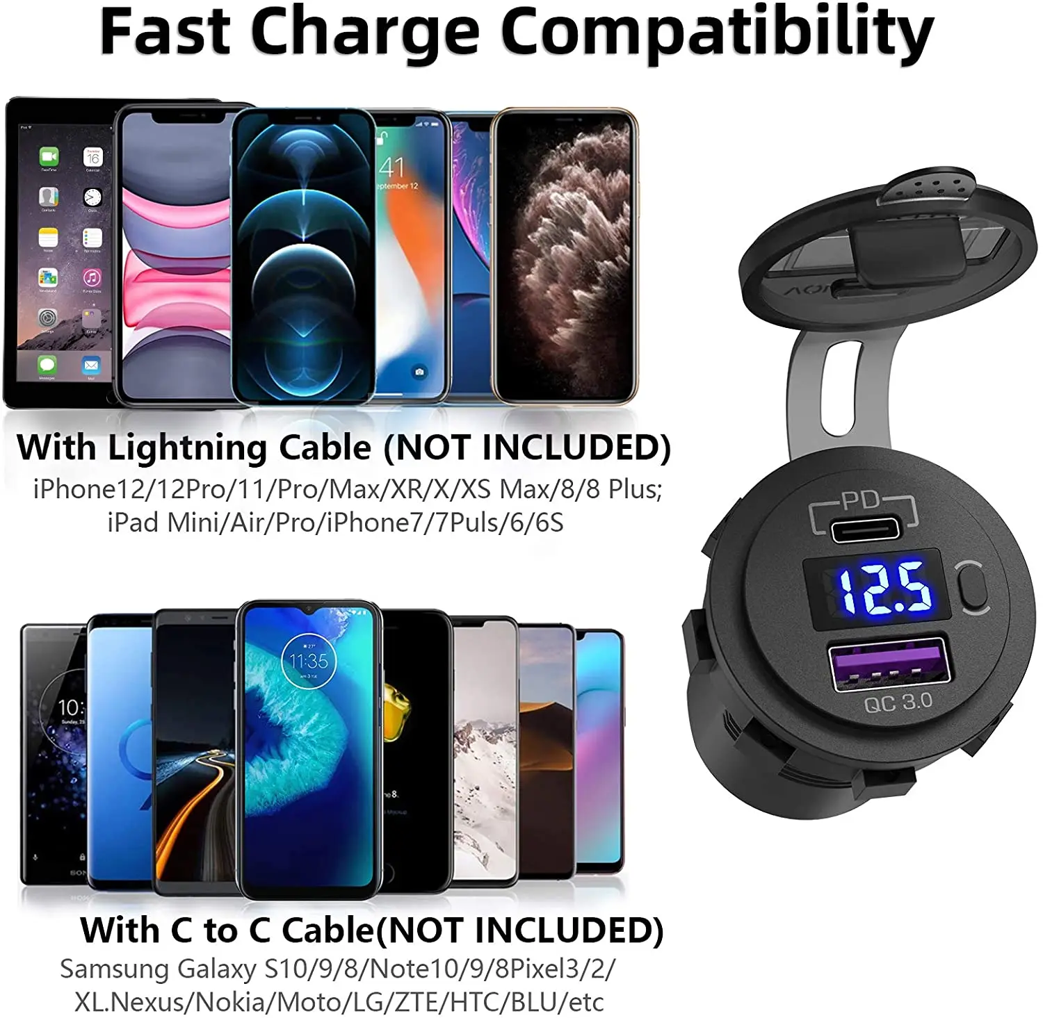 48W USB 타입 C 차량용 USB 충전기 소켓 12V/24V 듀얼 USB 포트 PD3.0 QC3.0 차량용 소켓 LED 전압계 및 ON/OFF 스위치 포함 고속 충전