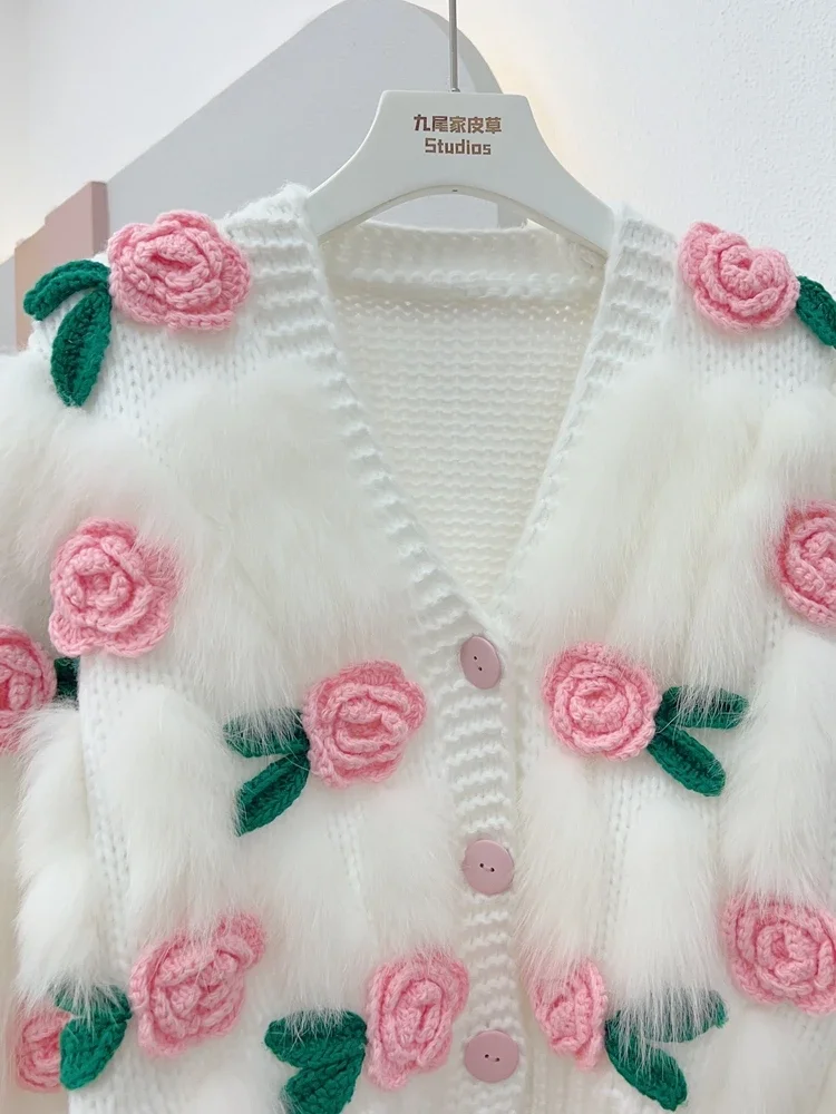 Splicing Real Fox Fur Short Cardigan Coat Female 2023 Autumn Long Sleeve Top Women's Clothes Knitted Flowers Wool Outerwear Slim