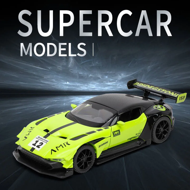 1:32 Scale AstonMartin Vulcan AMR Diecast Super Sport Car Metal Model With Light Sound Pull Back Vehicle Alloy Toys Collection