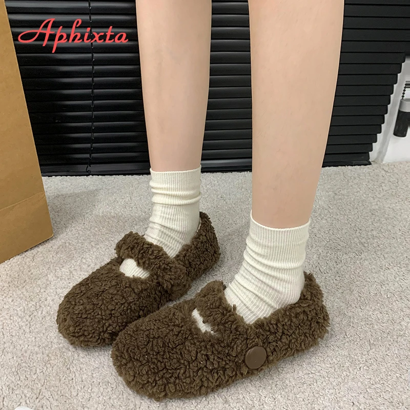 Aphixta Short Plush Furry Shallow Woman Flats Khaki Warm Woman Casual Shoes Hook Loop  Flats Shoes Women  Fashion Ladies Shoes