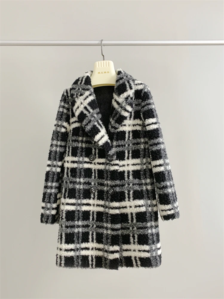 

Australian Lamb Wool High end Light Luxury Checkered Sheep Cut Fleece Composite Fur Coat for Women in Autumn and