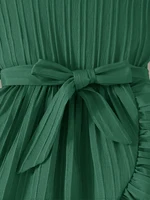 Robe d'été sans manches pour filles, vêtement pour enfants, confortable et simple, couleur unie, col rond, manches bouffantes, ceinture décorative, vêtement pour enfants en une seule pièce, style mignon et féminin, polyvalent, ourlet en dentelle irrégulier, taille cintrée, robe de princesse, style vacances doux et jeune, tenue pour filles de 4 à 5 à 6 à 7 à 8 ans, adapté aux rassemblements décontractés en plein air, aux fêtes et aux cadeaux de vacances 4