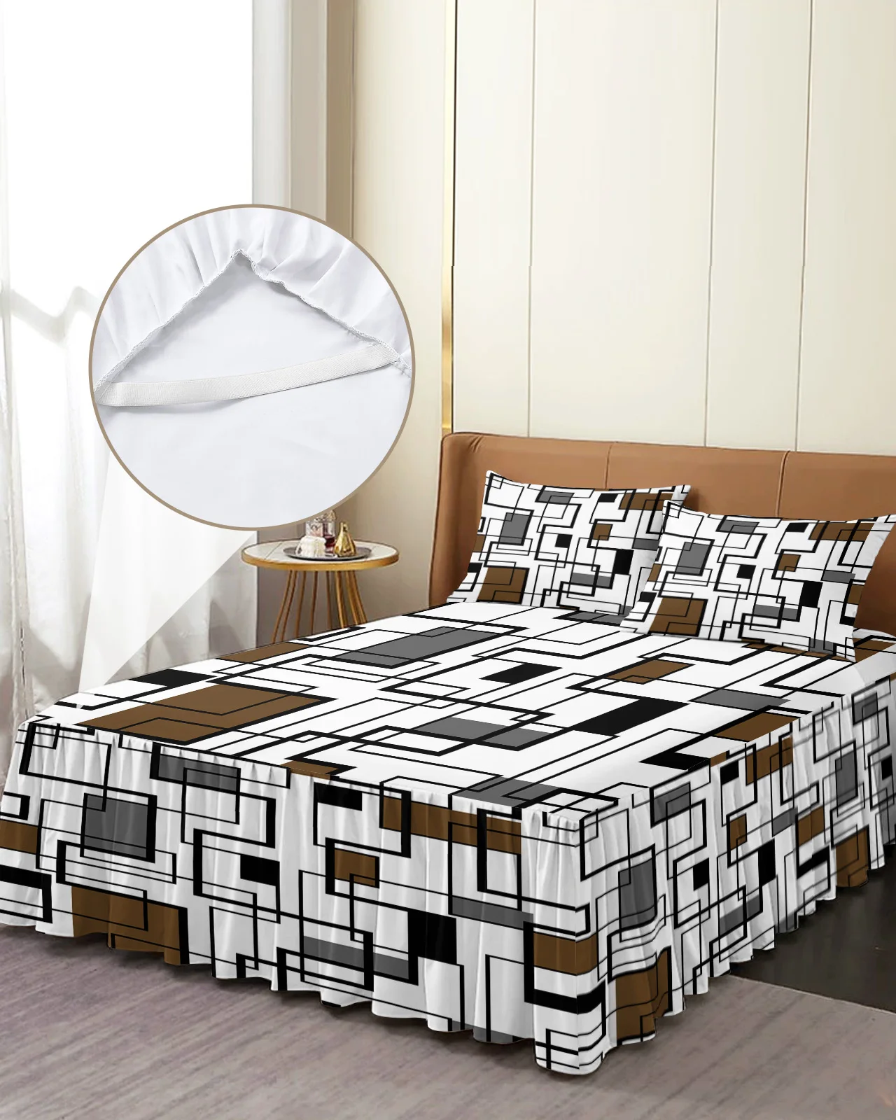 

Abstract Geometry Blocks Modern Art Brown Bed Skirt Fitted Bedspread With Pillowcases Mattress Cover Bedding Set Bed Sheet