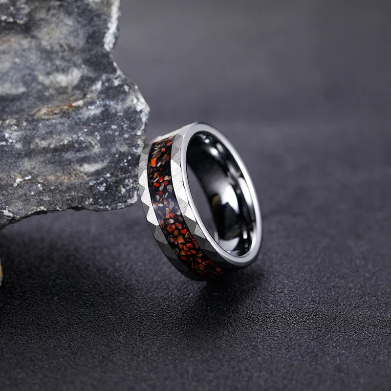 Somen 8mm Tungsten Wedding Rings For Men Dinosaur Bone Metal Slag Inlaid Hammered Edge Engagement Men's ring Fashion Jewelry 4