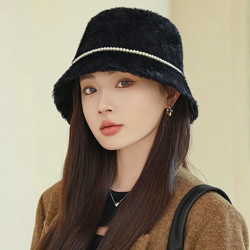

Elegant Temperament Fisherman Hat For Women Solid Color Flat Top Pearl Faux Fur Plush Bucket Hats Warm Autumn Winter Thicken Cap