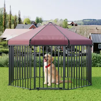 Outdoor Dog Kennel with Roof, Outdoor Dog Playpen with Metal Gate