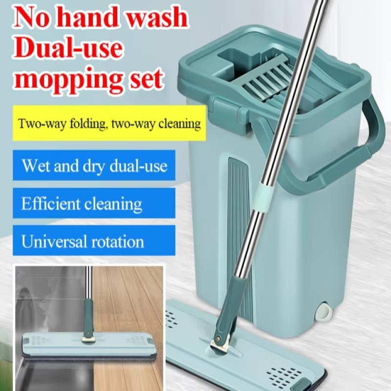 Flat Squeeze Mop with Bucket Hand Free Wringing Floor Cleaning Mop Microfiber Mop Pads Wet or Dry Usage on Hardwood Laminate