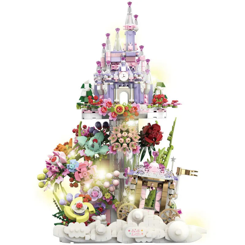 

Creative Amusement Park Build Block Princess Rose Castle Construction Model Carriage Brick Figure Toy With Light For Girl Gift