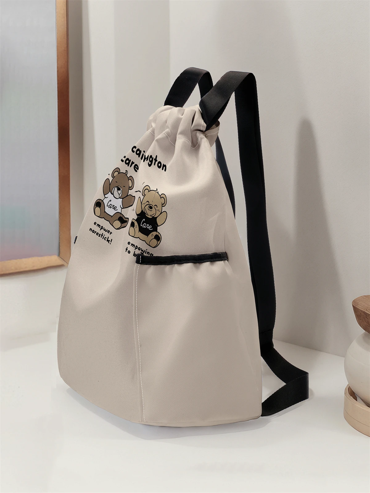 Cartoon Bear Pattern Drawstring Backpack - Large Capacity Durable Fitness Bag, Adjustable Shoulder Straps, Sports Beach Backpack