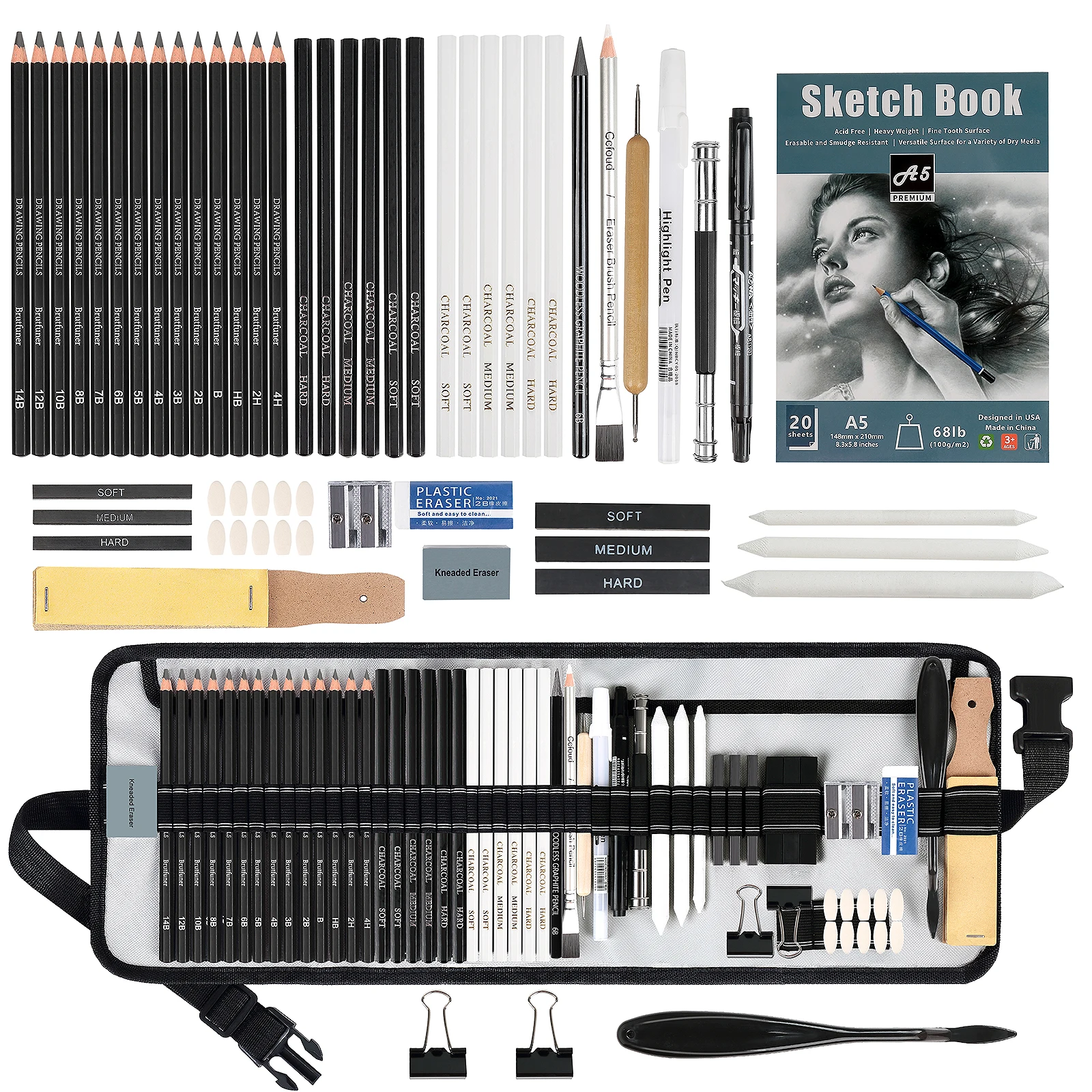 60 Pcs Drawing Kit Sketching Pencil Set Sketch Pencils Art Supplies with 3-Color Sketchbook Graphite Charcoal Drawing Pencils sketching pencil set sketch drawing art set