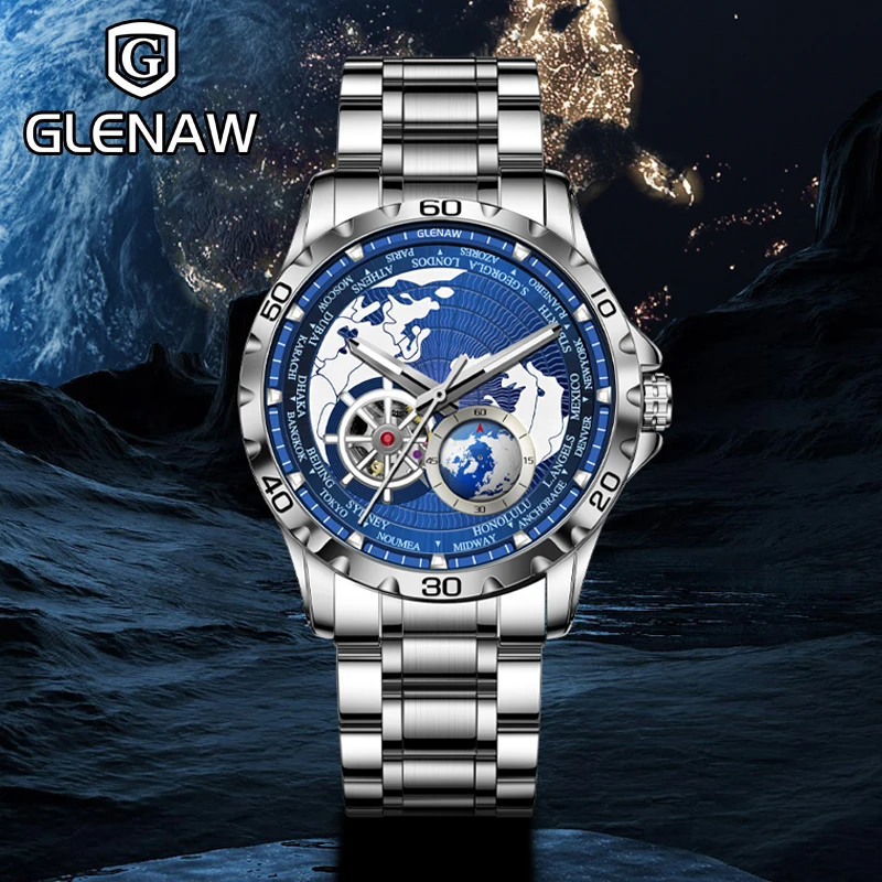 Montre mécanique de luxe GLENAW Earth Series pour homme, avec seconde main rotative, lumineuse et étanche, modèle 2025_voghion.com