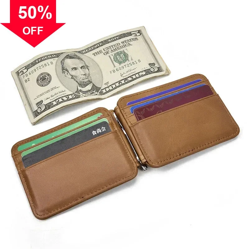 Small Men's Leather Money Clip Wallet With Coin Pocket Card Slot Cash Holder Male Bag Magnet Hasp Purse For Man Women