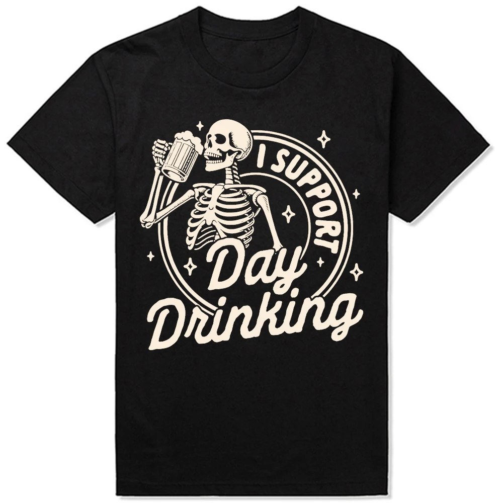 Bierliebhaber Trinkparty Skelett Ich unterstütze den Tagesdrink T-Shirts Herrenbekleidung Mode Lässig Locker Übergroßes Weiches T-Shirt