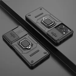 Slide Camera Armor Case with Ring Stand and Anti-Fall Protection for Redmi Note12 ProPlus (Black)