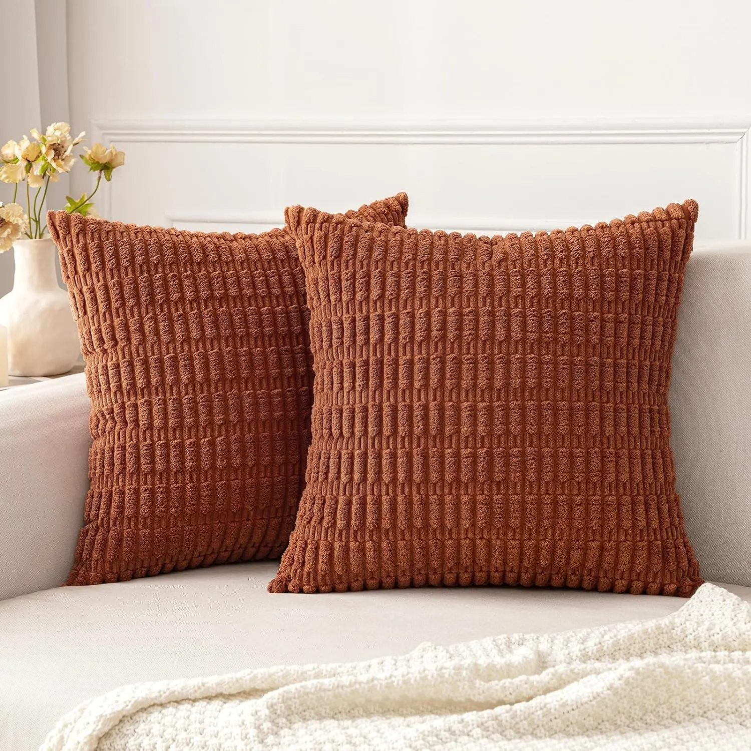 Set of 2 Neutral Boho Farmhouse Decorative Pillow Covers, 18x18 Inch