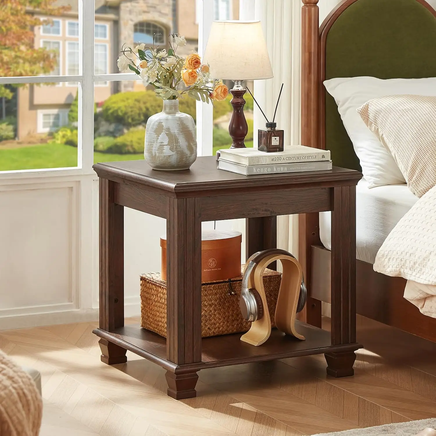 Farmhouse End Table,Large Side Table with 2-Tier Storage Shelf,Rustic Brown End Tables