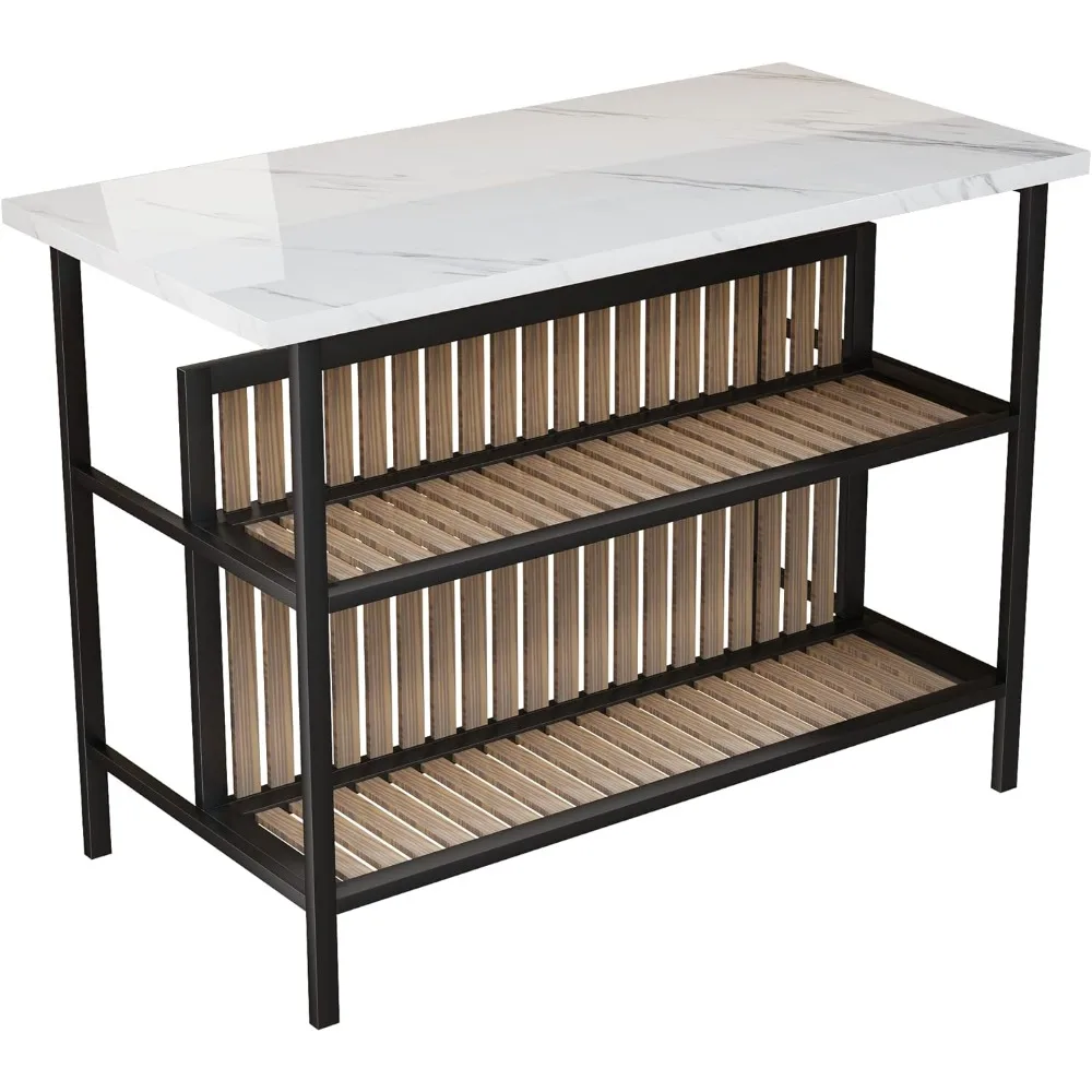 Kitchen Island with Seating & Storage Shelf, Faux Marble Island Table for Kitchen, Modern Bar Table and Chairs Set for 2,Dining 4