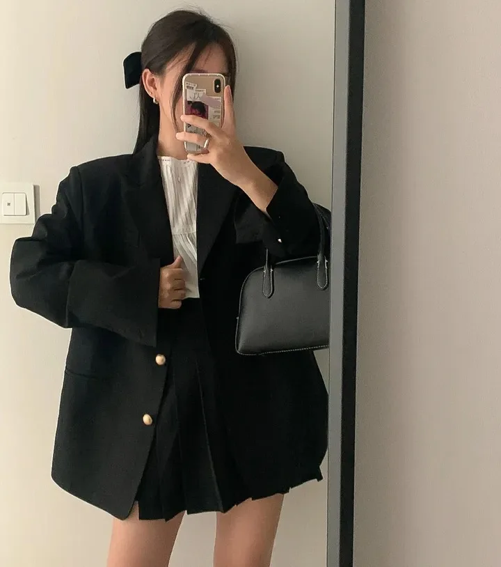 Korean Chic Two-piece Skirt Set Women Single Breasted Blazer Loose Jacket Solid Pleated Mini Skirt Autumn Office Lady Outfits