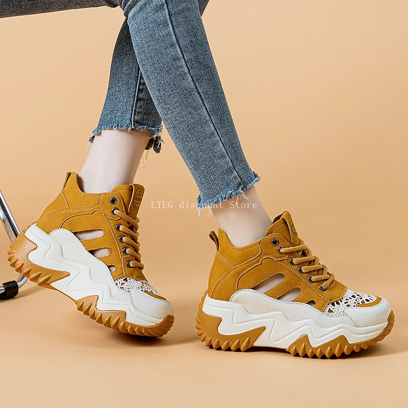 7cm Mesh Genuine Leather Synthetic Mid Calf Ankle Boots Women Breathable Platform Chimney Hollow Fashion Summer Shoes