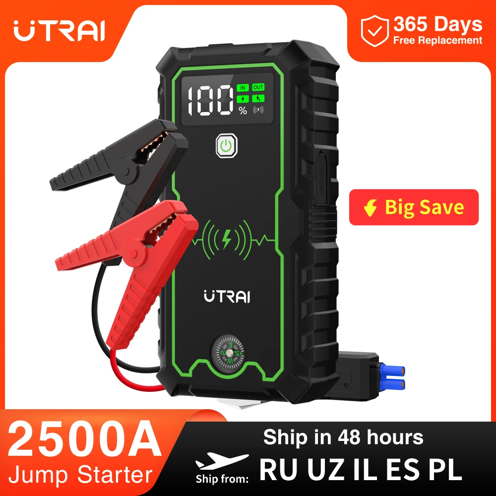 Car Jump Starter 2500A 16000mAh Portable with 10W Wireless Charging