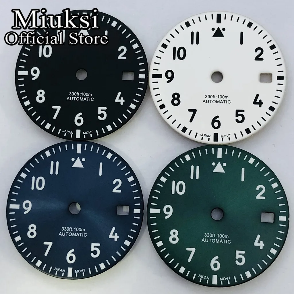 Miuksi 29mm black white blue green sterile watch dial luminous fit NH35 ETA 2824 2836 Miyota8215 Mingzhu DG2813 3804 movement