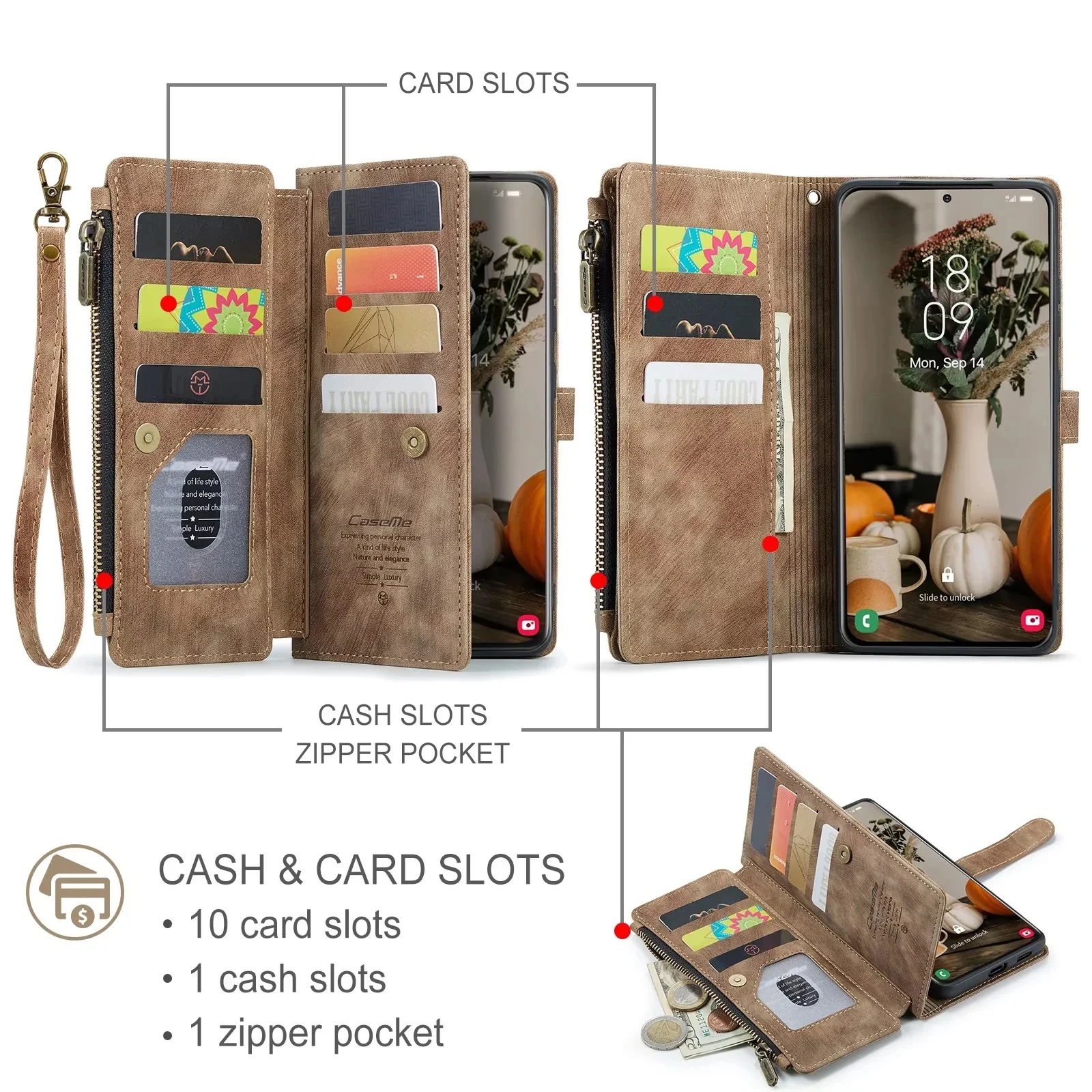 Elegant PU Leather Wallet Case with Card Holder and Strap, Book Flip Design