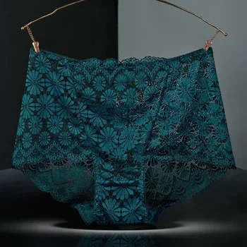 1Pc Fashion Women High Waist Plus Size Panties Lace Mesh Floral Transparent Briefs Underwear Solid Seamless Underpants Lingerie 1