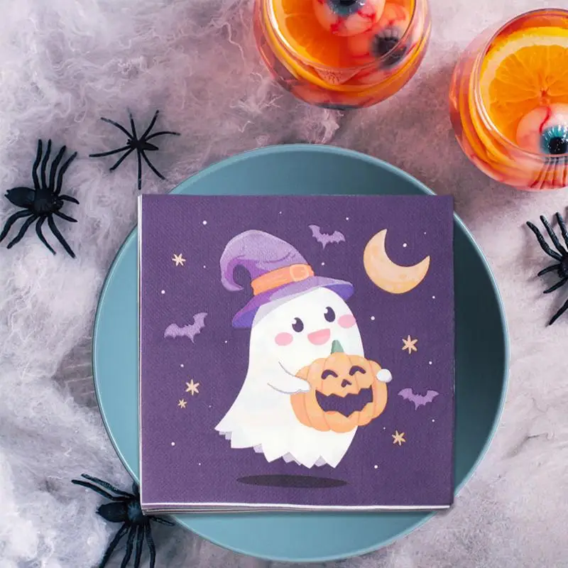 disposable tableware paper napkins Halloween Cocktail Napkins 20X Ghost With Pumpkin Cocktail Napkins 6.5X6.5Inch Decorative Dessert Dinner Hand Napkin Pumpkin
