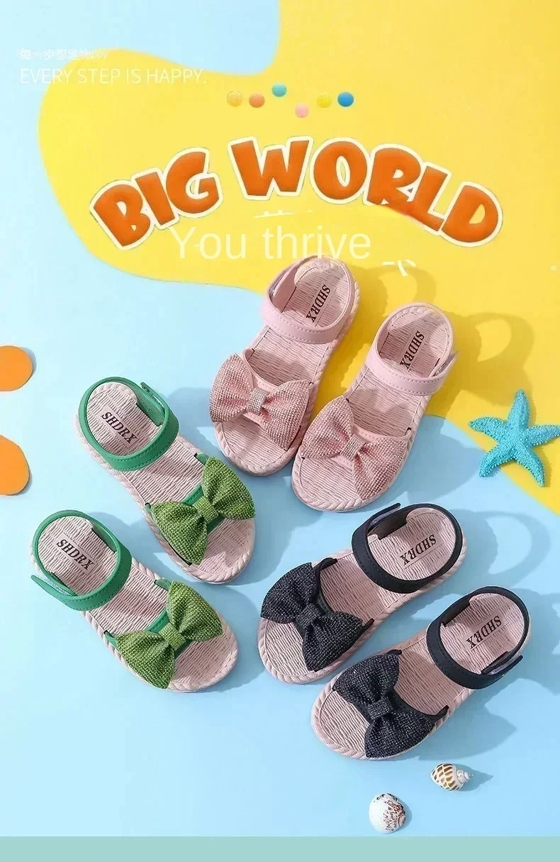 صنادل بنات صيفية جديدة بتصميم كوري للأطفال الكبار، أحذية أميرات مسطحة وناعمة وعصرية، صنادل شاطئية متعددة الاستخدامات للفتيات الصغيرات
