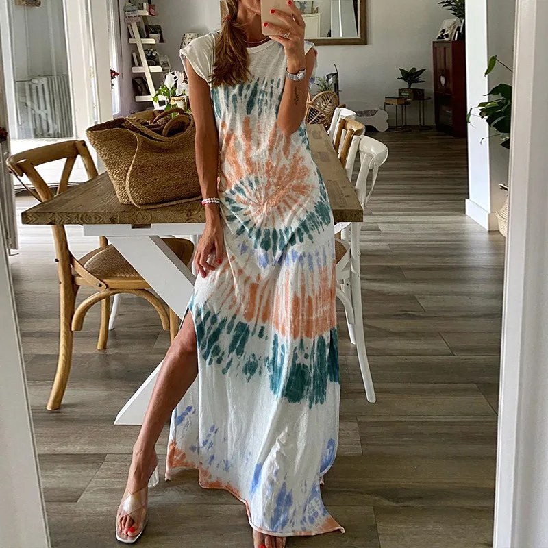 

Spring Sleeveless Print Irregular Boho Dress Y2K Clothes Summer Fashion Loose Slit Long Dress for Women 2023