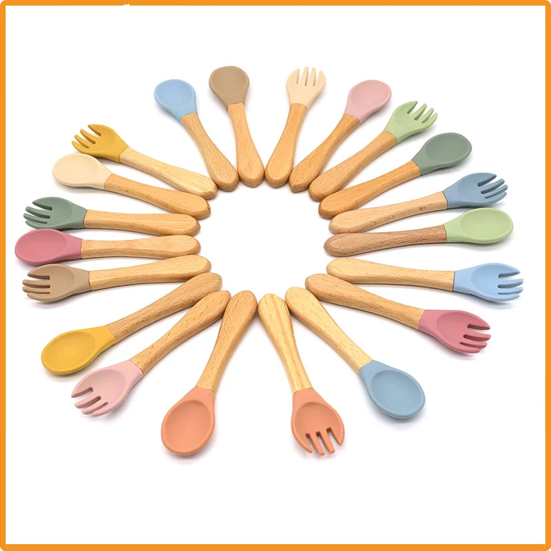 

Children's wooden handle fork and spoon set / silicone spoon and fork baby supplemental food fork and spoon set/Forks and spoons
