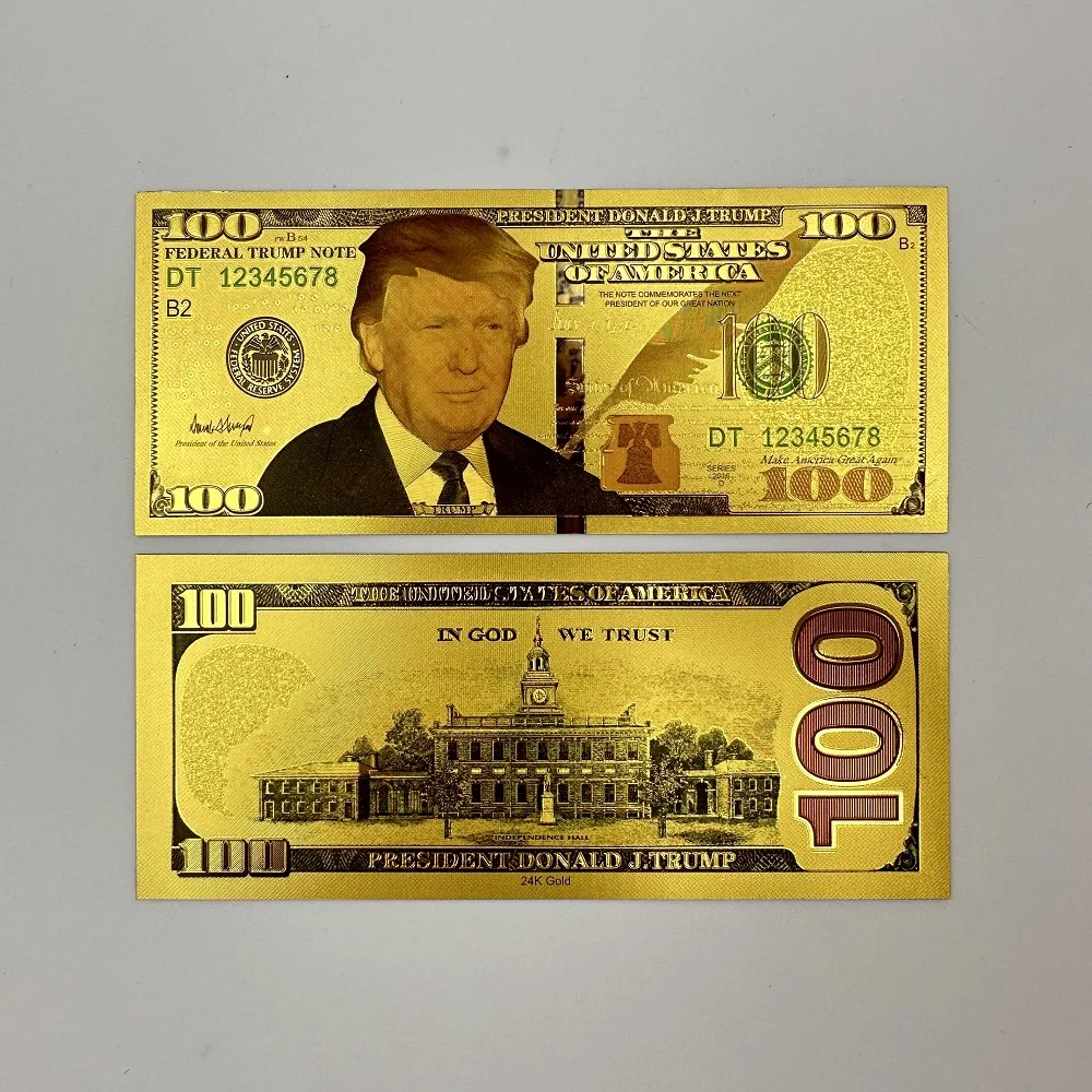 Gold plated banknote,commemorative banknotes Golden Trump US President Dollars 100 Bills 10PCS Gold Plated Card In God We Trust Commemorative Banknotes