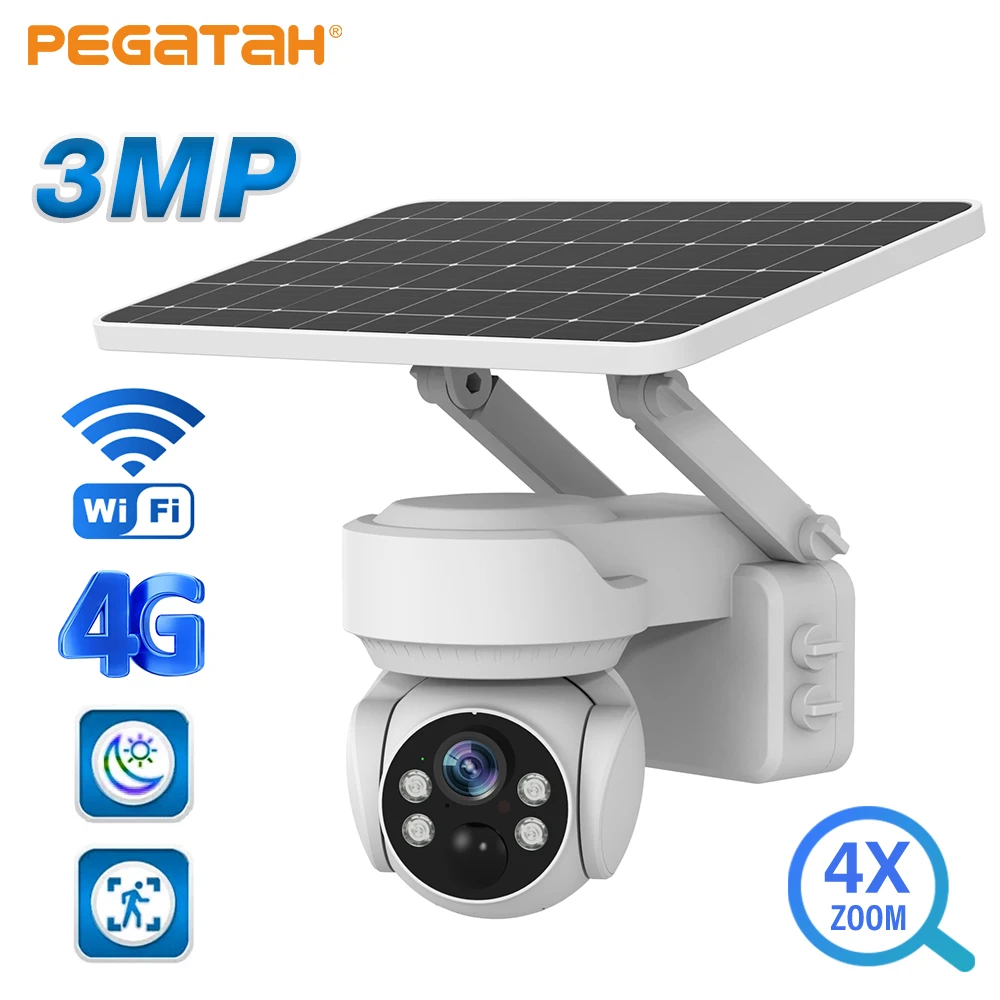 

PEGATAH 3MP 4G Wireless Solar Camera WiFi Outdoor 4X Optical Zoom Motion Detection Full Color Night Vision Security IP Cameras