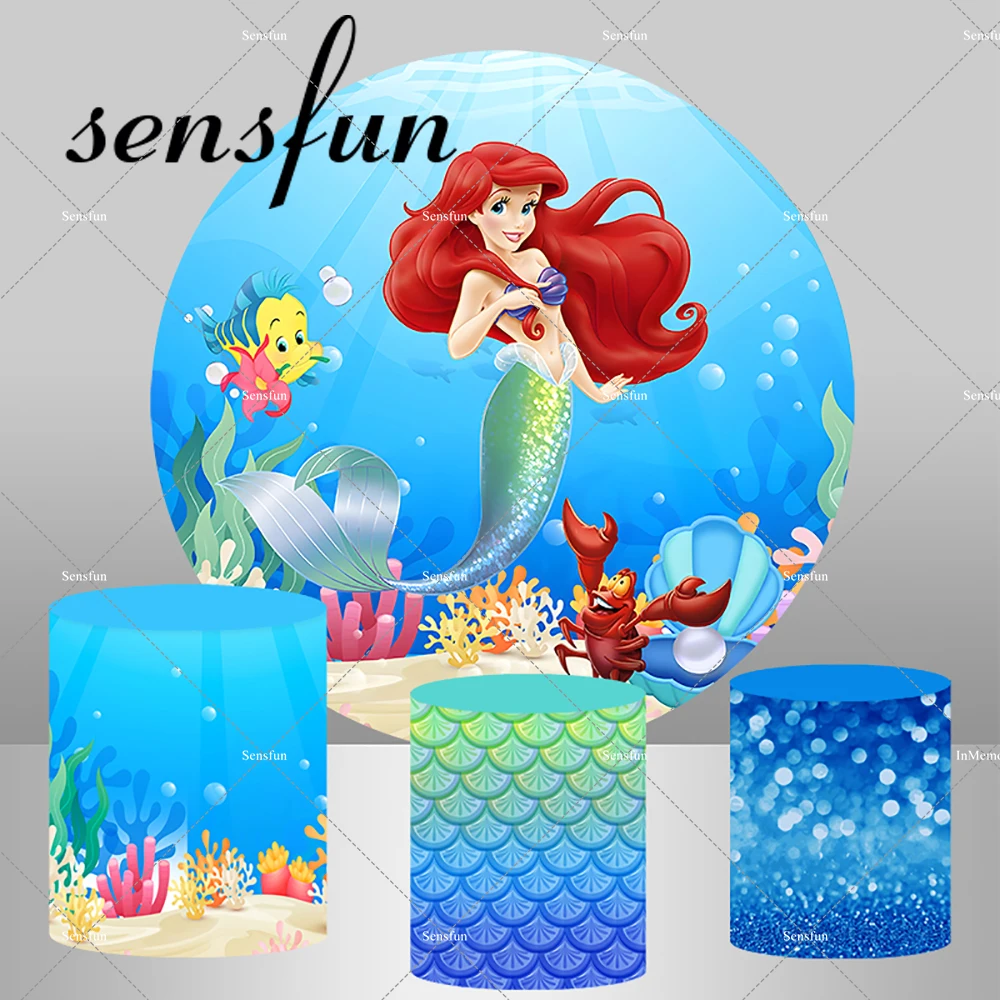 

Little Mermaid Ariel Baby Shower Circle Round Backdrop Princess Girls Birthday Party Background Under The Sea Cylinder Covers