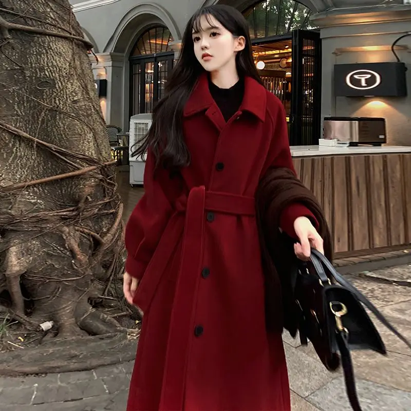 여성 루즈한 레드 레이스업 싱글 브레스티드, 두꺼운 중간 길이 모직 코트, 한국 패션, 2023 가을 겨울 신상