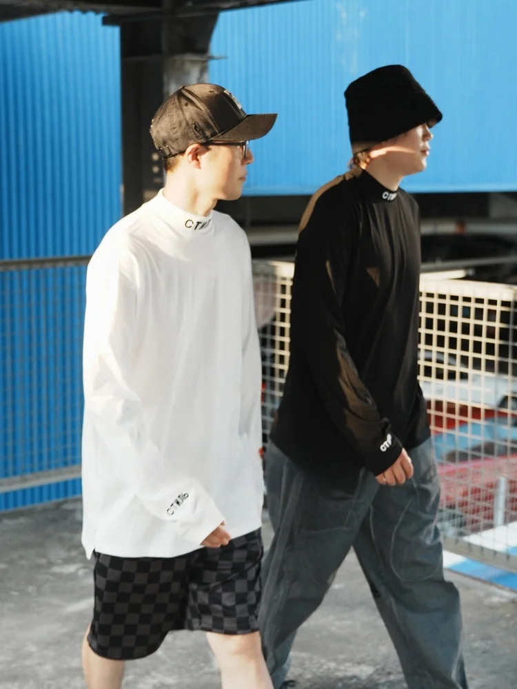 Heropn Preston Long Sve T-irt ex CTNNB Embroidery Bla Base irt f High Collar Trendy Cotton Youth Faion