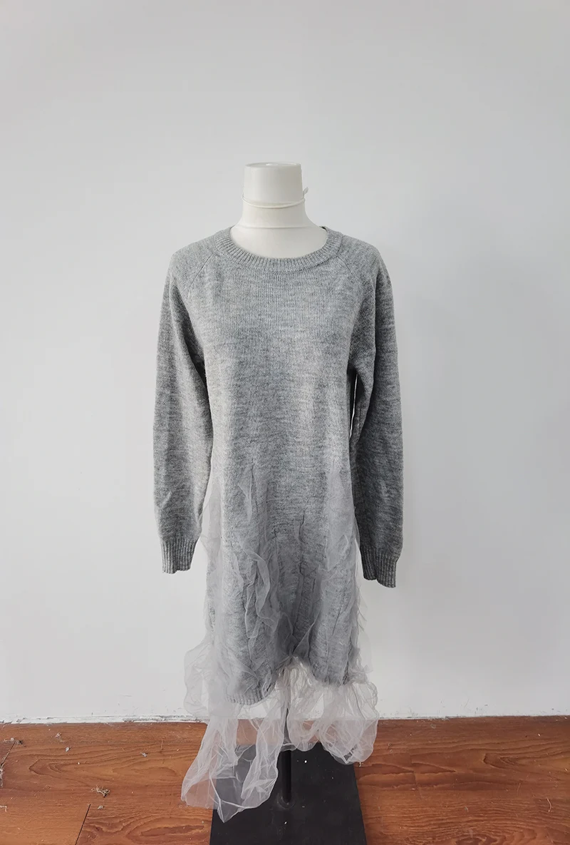 Sweet Hot Girl Chiffon Mohair Thin Knitted Dress Women's Autumn/Winter O-neck Long-sleeve Patchwork Dress Fashion Female Clothes 2